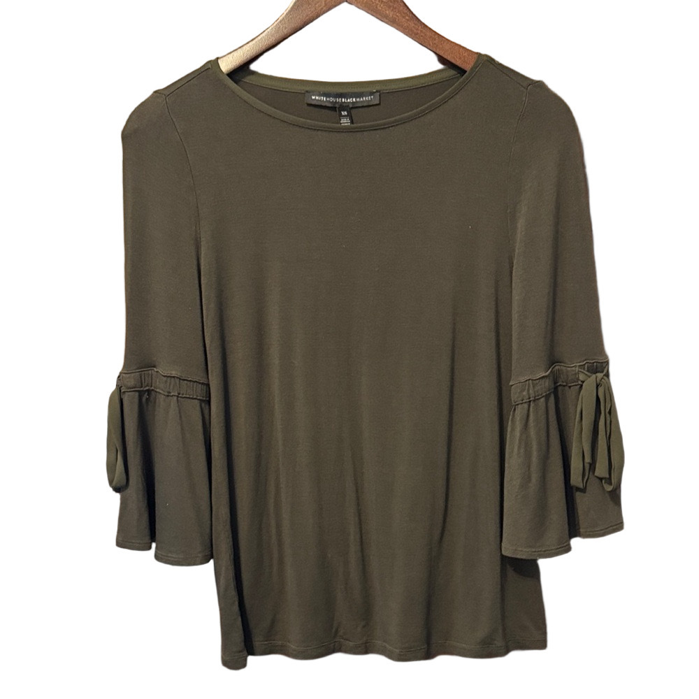 White House Black Market Olive Blouse with 3/4 Flared Bell Sleeve Size XS - Picture 2 of 3